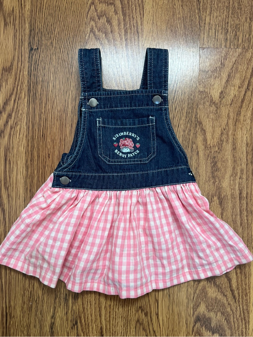Strawberry Shortcake Baby Girl Dress 12M Denim Pink Gingham Strawberry Cotton